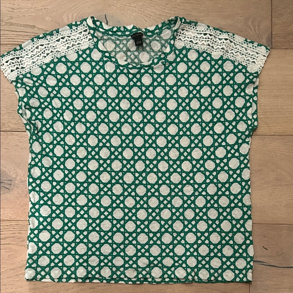 Ann Taylor Teal Geometric Lace Sleeve Top
